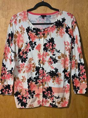 Talbots Floral print Charming Cardigan Coral/PInk 3/4 sleeve Preppy Summer Med.
